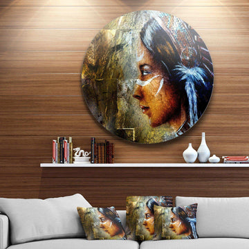Indian Woman with Headdress - Abstract Metal Circle Wall Art